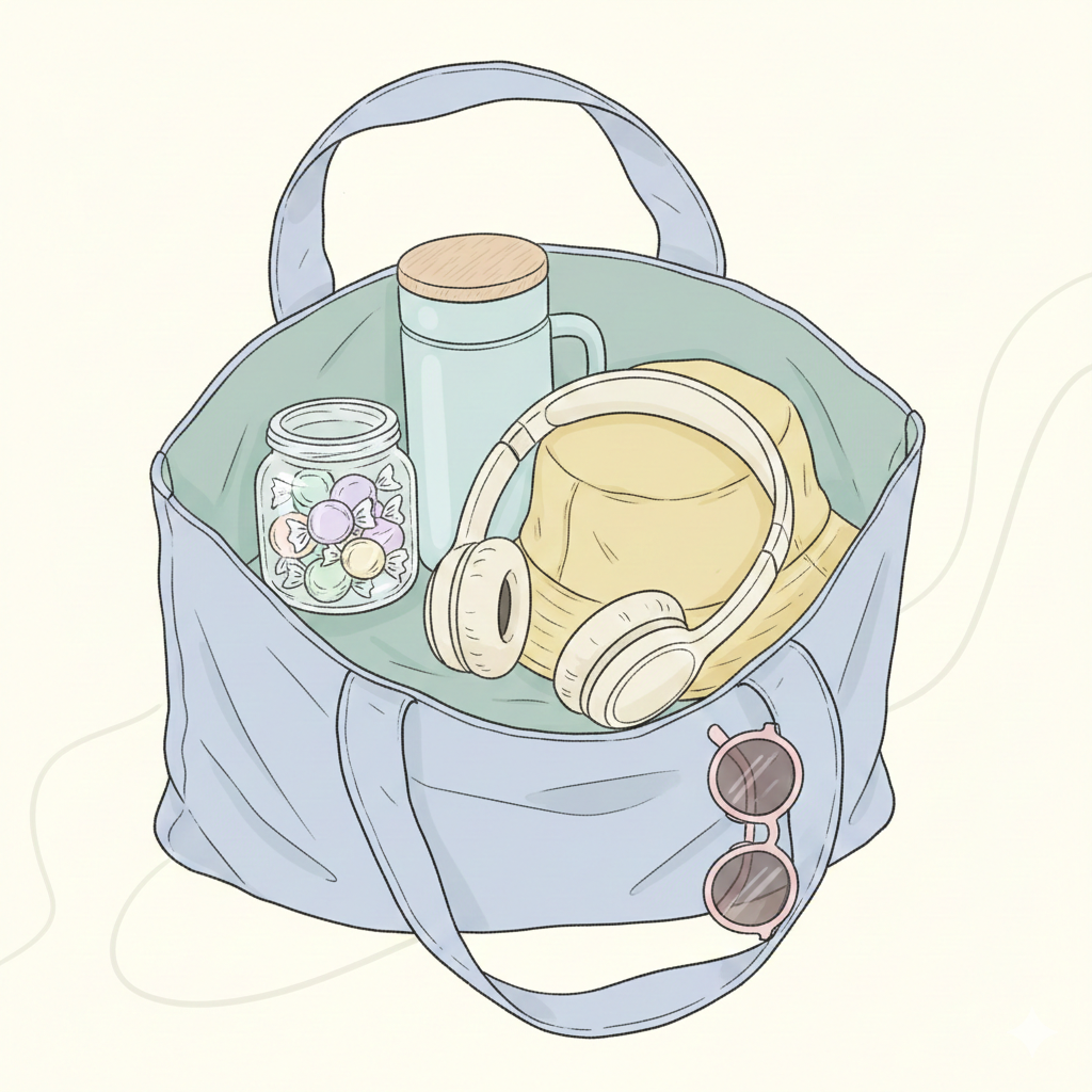 人混みで人酔いしやすい人が外出前に準備しておくと安心な持ち物をまとめたイラスト